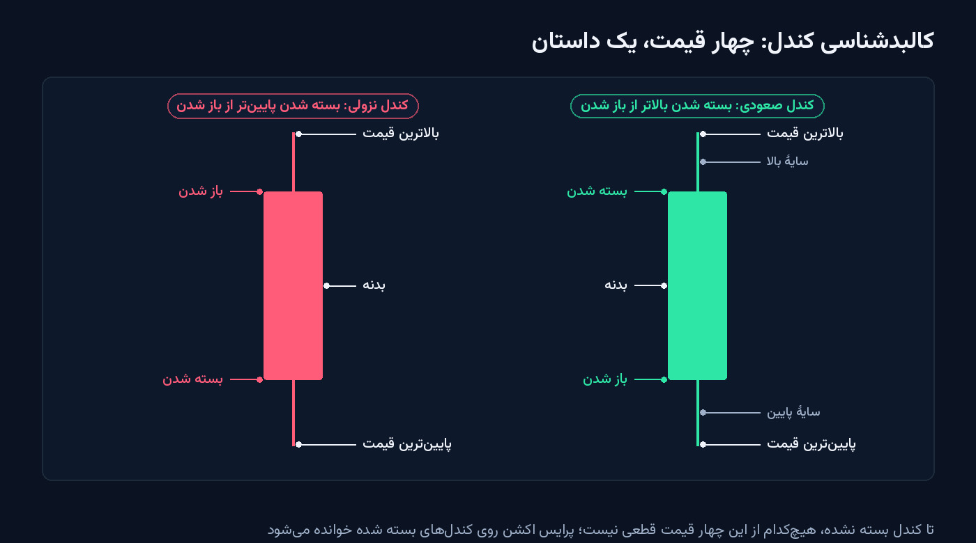 نمودار آموزشی کالبدشناسی کندل: یک کندل صعودی و یک کندل نزولی با برچسب باز شدن، بسته شدن، بالاترین قیمت، پایین‌ترین قیمت، بدنه و سایه‌ها