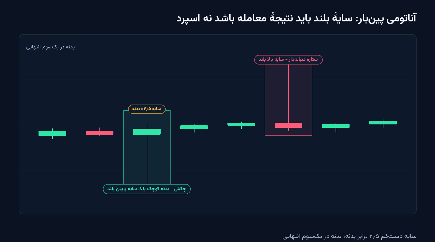 آناتومی پین‌بار: بدنه کوچک، سایه بلند ۲٫۵ برابری، محل بسته شدن؛ مقایسه با شدوی ناشی از اسپرد